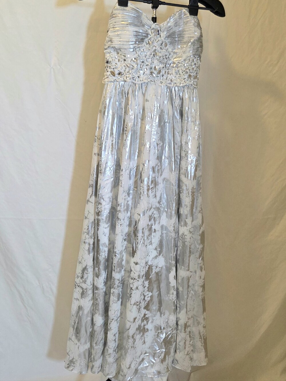 Maniju Silver Strapless Evening Dress with Embellished Bodice